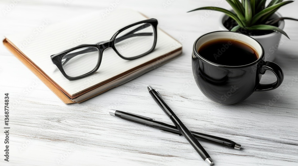 Serene Workspace: Coffee, Notebook, and Pens Serene Workspace: Coffee, Notebook, and Pens