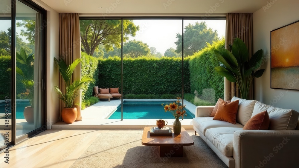 Fototapeta premium Modern living room design featuring a tranquil indoor-outdoor space with a private pool