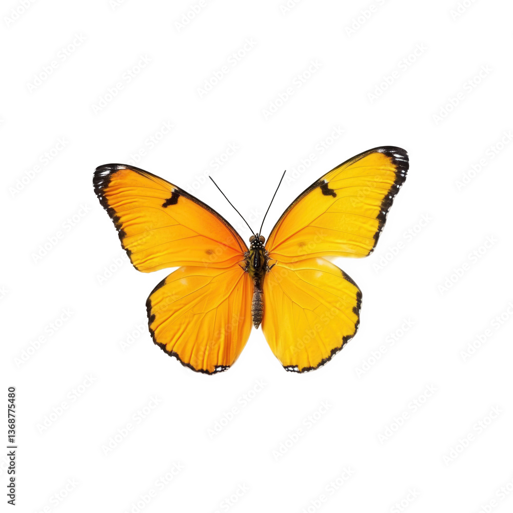 Bright orange butterfly with intricate wing patterns positioned on a white background showcasing its vibrant colors and natural beauty Bright orange butterfly with intricate wing patterns positioned on a white background showcasing its vibrant colors and natural beauty
