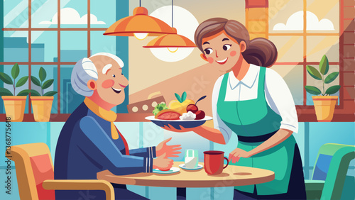 Care worker serving dinner for elderly woman on geriatric hospice. Banner design