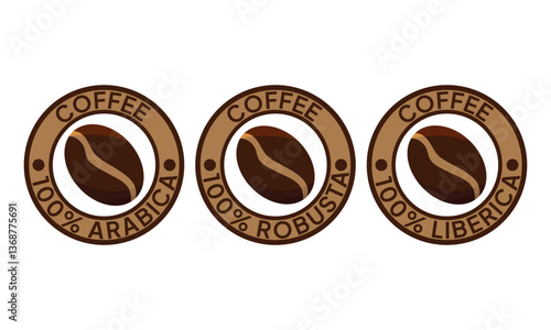 100 arabica icon. 100 robusta label. 100 liberica symbol. Premium coffee blend vector illustration. Coffee beans emblem, badge, sign, stamp or seal for product packaging isolated.