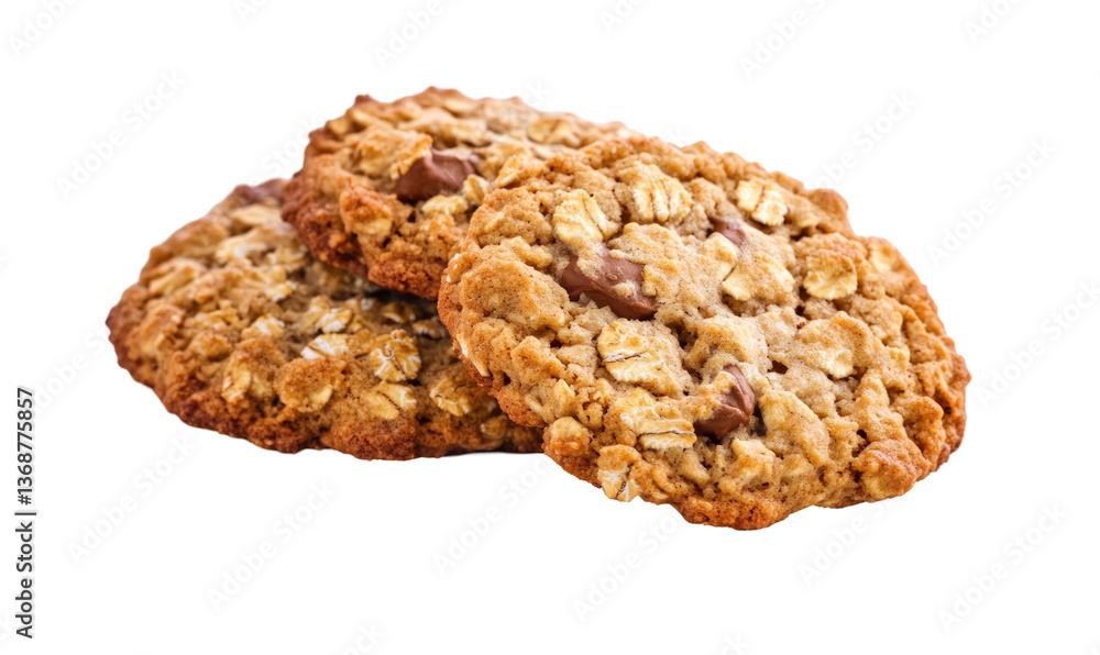 Three oatmeal chocolate chip cookies on a transparent background for food blogs Three oatmeal chocolate chip cookies on a transparent background for food blogs