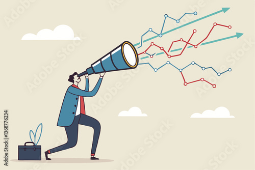 Forecast or prediction to see or analyze future opportunity, forwarding data analysis, leadership vision or discover investment plan concept, businessman look through telescope to see forecast chart.