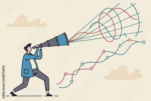 Forecast or prediction to see or analyze future opportunity, forwarding data analysis, leadership vision or discover investment plan concept, businessman look through telescope to see forecast chart.