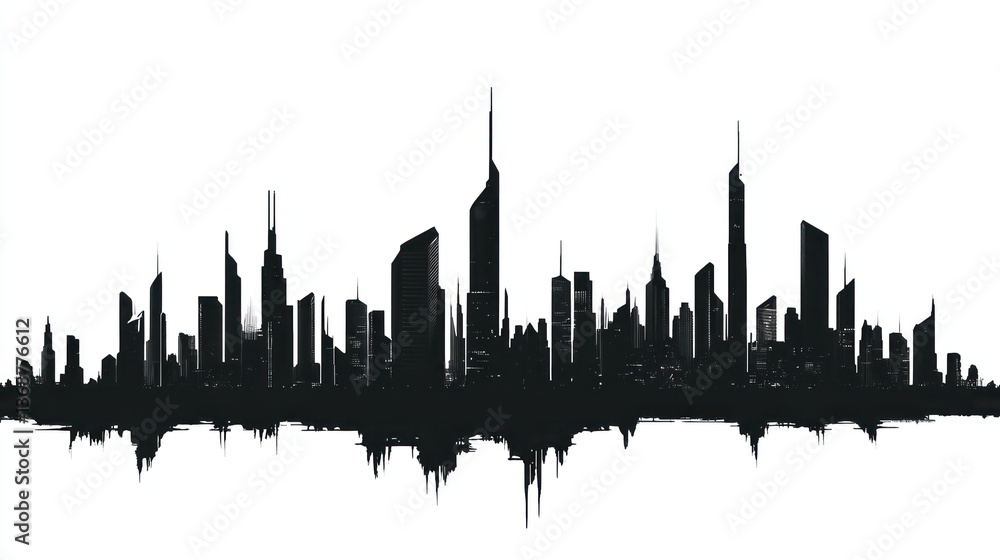 Abstract cityscape silhouette with dark buildings on a bright white backdrop Abstract cityscape silhouette with dark buildings on a bright white backdrop