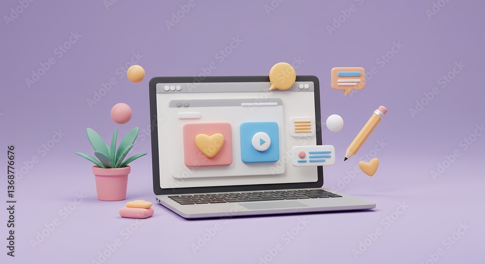Modern Digital Content Creation Laptop with 3D Icons and Plant Modern Digital Content Creation Laptop with 3D Icons and Plant