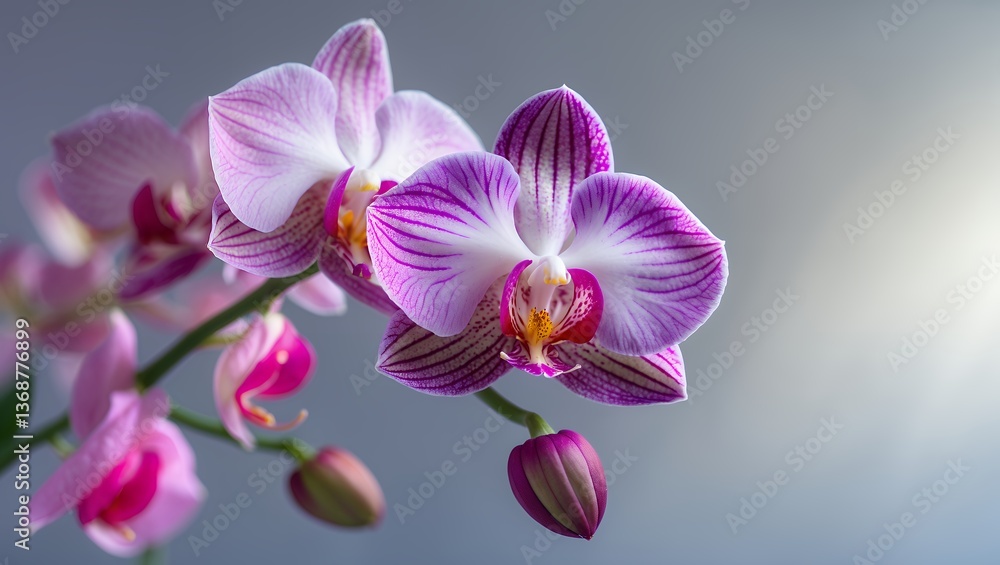 Fototapeta premium Close-up of pink and purple striped orchids with buds against gray backdrop