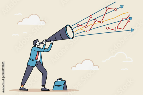 Forecast or prediction to see or analyze future opportunity, forwarding data analysis, leadership vision or discover investment plan concept, businessman look through telescope to see forecast chart.