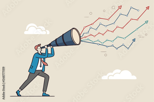 Forecast or prediction to see or analyze future opportunity, forwarding data analysis, leadership vision or discover investment plan concept, businessman look through telescope to see forecast chart.