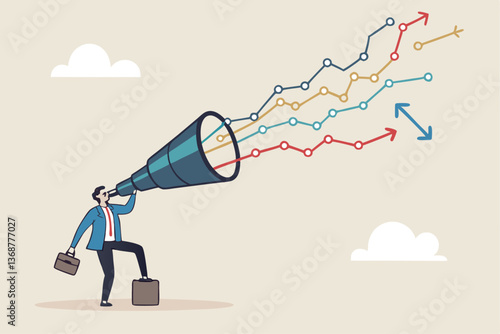 Forecast or prediction to see or analyze future opportunity, forwarding data analysis, leadership vision or discover investment plan concept, businessman look through telescope to see forecast chart.