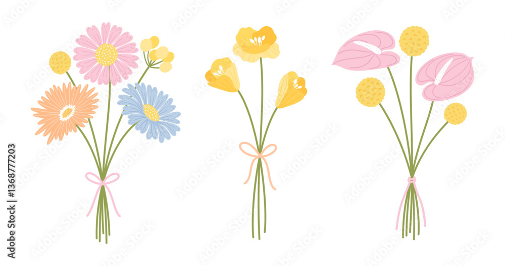 Obraz premium Set of three bouquet wildflowers. Floral bunch. Flowers tied with ribbon, vector illustration. Meadow herbs, and wild plants for design projects