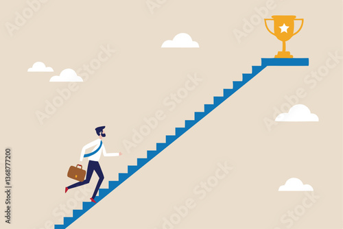 Small steps to success, challenge improve career and achieve target, journey, aspiration to reach goal, patience and persistence concept, businessman walk up small step stair to reach trophy reward.