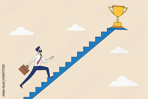 Small steps to success, challenge improve career and achieve target, journey, aspiration to reach goal, patience and persistence concept, businessman walk up small step stair to reach trophy reward.