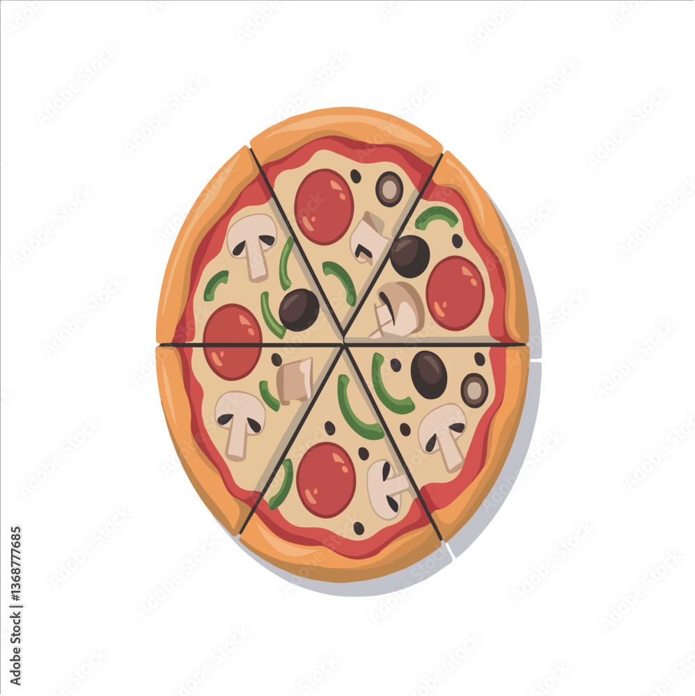 Obraz premium illustration, food, pizza, isolated, drawing, art, pizzeria, dinner, pepperoni, italian, cartoon, vector, design, hot, tasty, delicious, cheese, sausage, lunch, fastfood, background, cuisine, cooking,
