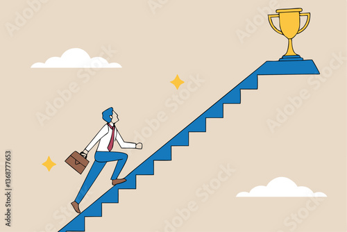 Small steps to success, challenge improve career and achieve target, journey, aspiration to reach goal, patience and persistence concept, businessman walk up small step stair to reach trophy reward.
