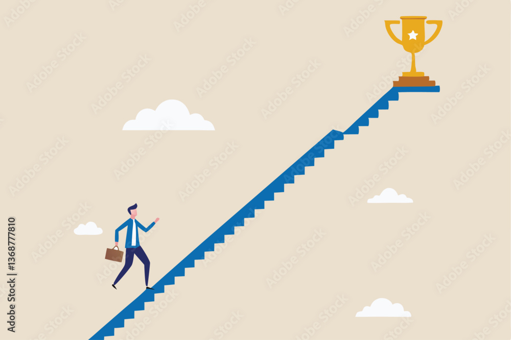 Small steps to success, challenge improve career and achieve target, journey, aspiration to reach goal, patience and persistence concept, businessman walk up small step stair to reach trophy reward. Small steps to success, challenge improve career and achieve target, journey, aspiration to reach goal, patience and persistence concept, businessman walk up small step stair to reach trophy reward.