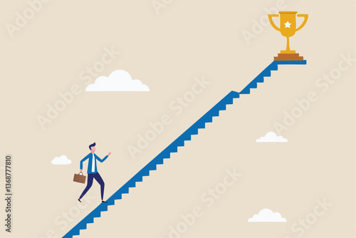 Small steps to success, challenge improve career and achieve target, journey, aspiration to reach goal, patience and persistence concept, businessman walk up small step stair to reach trophy reward.