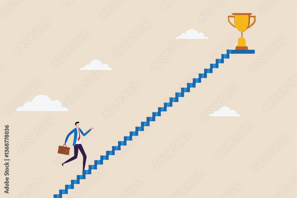 Small steps to success, challenge improve career and achieve target, journey, aspiration to reach goal, patience and persistence concept, businessman walk up small step stair to reach trophy reward. Small steps to success, challenge improve career and achieve target, journey, aspiration to reach goal, patience and persistence concept, businessman walk up small step stair to reach trophy reward.