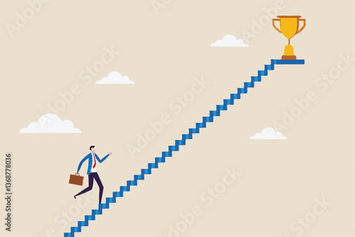 Small steps to success, challenge improve career and achieve target, journey, aspiration to reach goal, patience and persistence concept, businessman walk up small step stair to reach trophy reward.