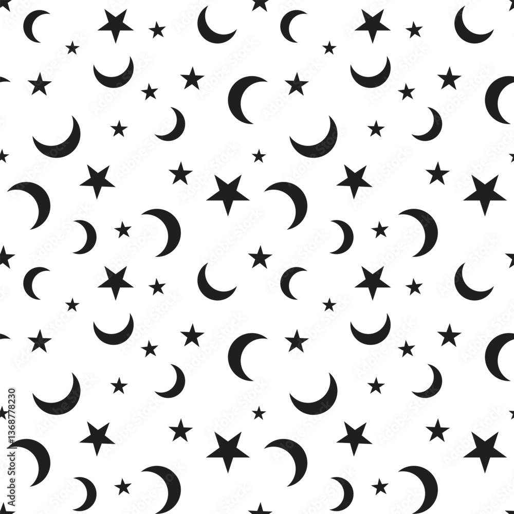 Fototapeta premium Black Moon crescent and stars pattern seamless