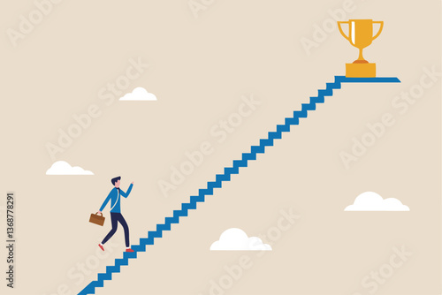 Small steps to success, challenge improve career and achieve target, journey, aspiration to reach goal, patience and persistence concept, businessman walk up small step stair to reach trophy reward.