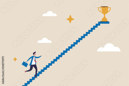 Small steps to success, challenge improve career and achieve target, journey, aspiration to reach goal, patience and persistence concept, businessman walk up small step stair to reach trophy reward.