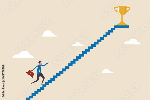Small steps to success, challenge improve career and achieve target, journey, aspiration to reach goal, patience and persistence concept, businessman walk up small step stair to reach trophy reward.