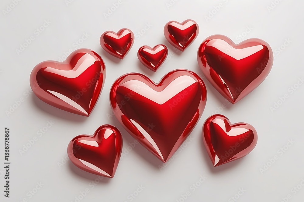 Fototapeta premium A cascade of lustrous red hearts celebrating boundless love, each reflecting passionate emotions against a soft white backdrop.