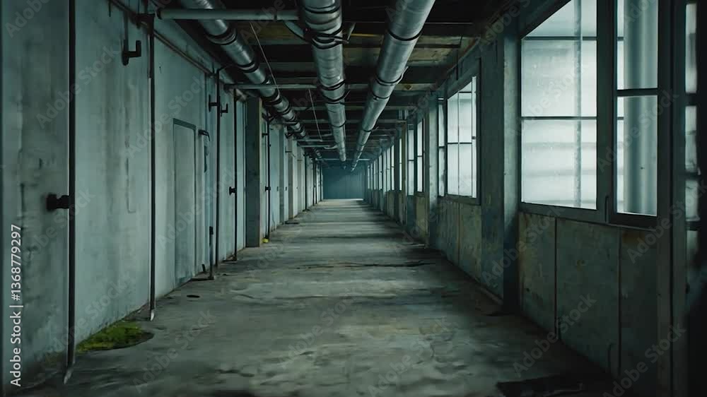 Long Empty Industrial Corridor with Pipes and Windows Long Empty Industrial Corridor with Pipes and Windows
