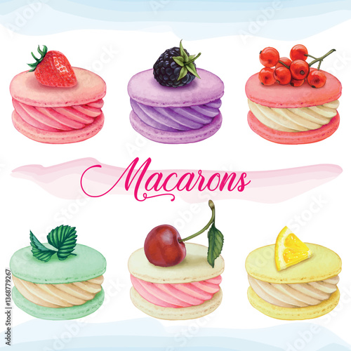 Watercolor hand drawn realistic macaron