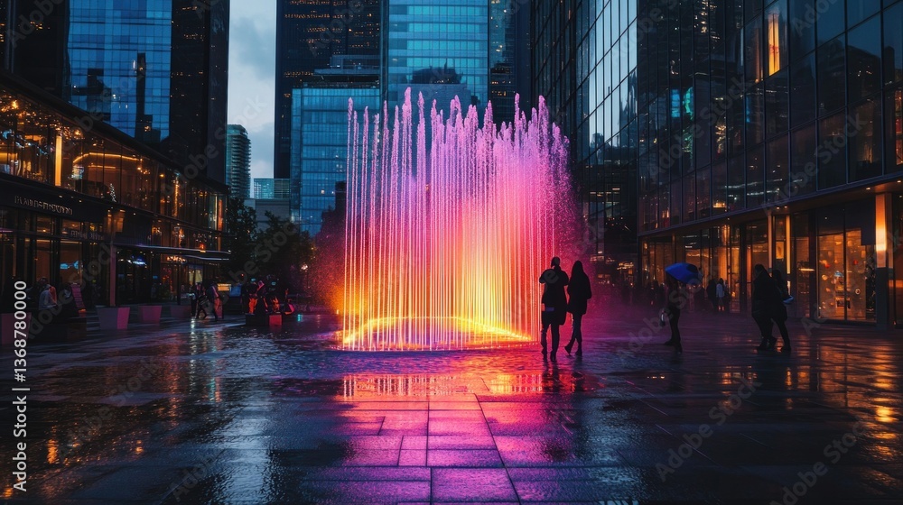Enchanting urban spectacle: vibrant fountain illuminates a rainy city night Enchanting urban spectacle: vibrant fountain illuminates a rainy city night