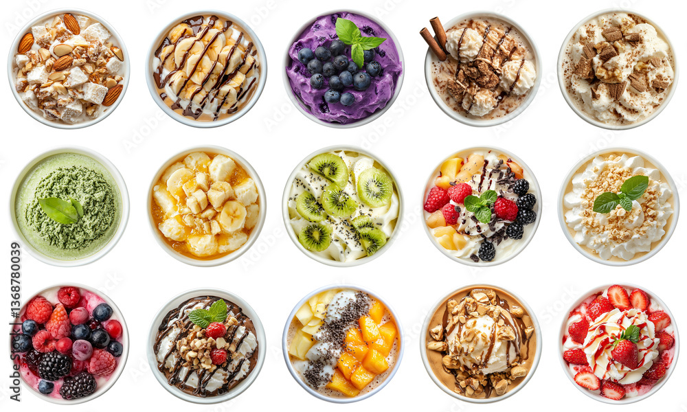 Colorful Display of Various Delicious Yogurt Bowls with Fresh Fruits and Toppings Ideal for Healthy Desserts and Refreshing Snacks. Piquant food set. Colorful Display of Various Delicious Yogurt Bowls with Fresh Fruits and Toppings Ideal for Healthy Desserts and Refreshing Snacks. Piquant food set.