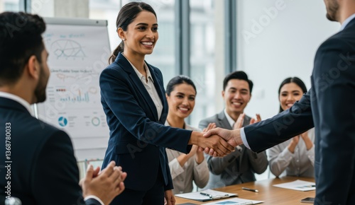 South Asian businesswoman shakes hands with male colleague in office. Diverse team celebrates success and teamwork.