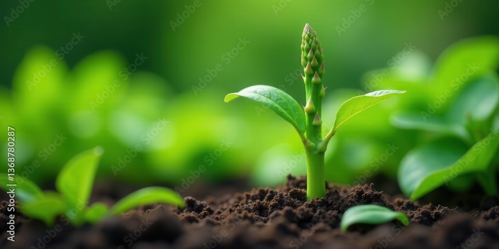 A vibrant young sprout emerges from rich soil, its tender leaves reaching towards the sunlight in a lush green environment A vibrant young sprout emerges from rich soil, its tender leaves reaching towards the sunlight in a lush green environment