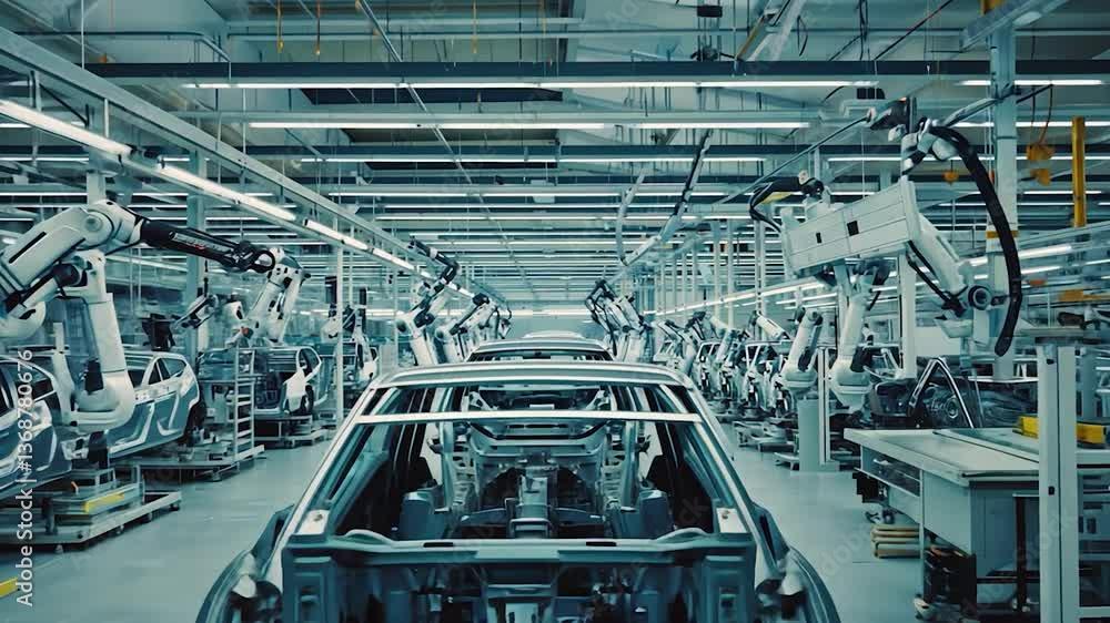 Car Manufacturing Factory with Automated Robotic Arms Assembling Vehicles Car Manufacturing Factory with Automated Robotic Arms Assembling Vehicles