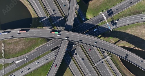 The Ridderkerk interchange is a traffic junction. Highway, trasnport and mobility infrastructure. Aerial view.