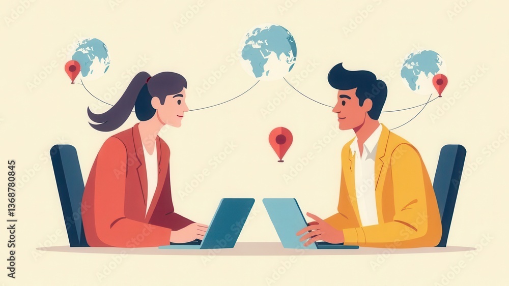 Two professionals engage in an online discussion while using laptops. They are connected through a virtual network that spans the globe showcasing global collaboration. Two professionals engage in an online discussion while using laptops. They are connected through a virtual network that spans the globe showcasing global collaboration.