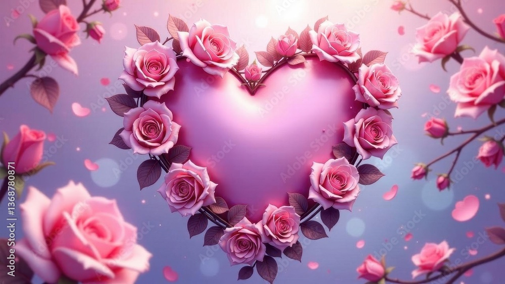A Pink Heart Adorned with a Wreath of Delicate Roses and Falling Petals, a Symbol of Love and Affection A Pink Heart Adorned with a Wreath of Delicate Roses and Falling Petals, a Symbol of Love and Affection