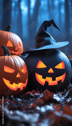 Jackolanterns in spooky forest.