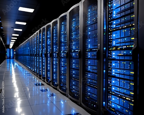 Data center server room with rows of lit racks.