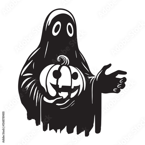 Halloween Ghost Holding Pumpkin Silhouette Vector Illustration Art