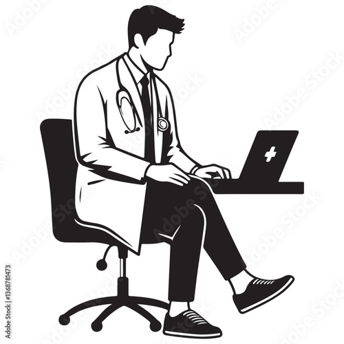 Silhouette Doctor Working on Laptop Vector Illustration Design
