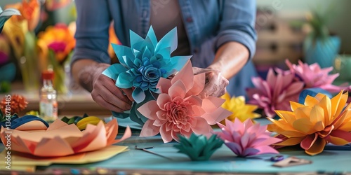 Wallpaper Mural Picture of smart artisan work in vibrant flower shape paper cut. Skillful artist create flora pattern by colorful paper artwork. Crafting handmade art with artistic tools and creativity idea. AIG61. Torontodigital.ca