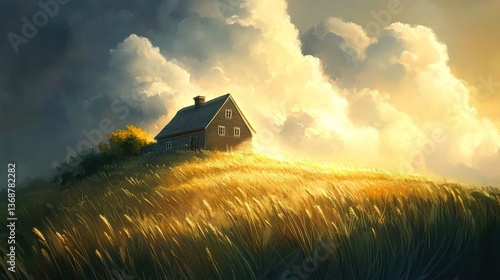 Idyllic Homestead on a Golden Hillside Bathed in the Glow of the Setting Sun