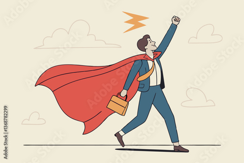 Superhero businessman with superpower to win business success, strength or power to control and finish work, confidence great responsibility, courage or strong positive attitude with fearless mindset.