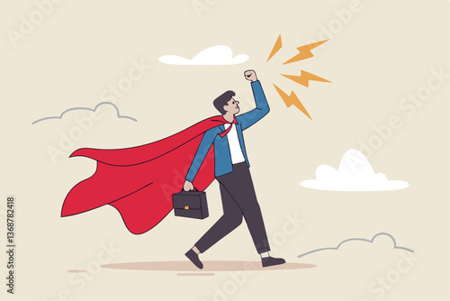 Superhero businessman with superpower to win business success, strength or power to control and finish work, confidence great responsibility, courage or strong positive attitude with fearless mindset.