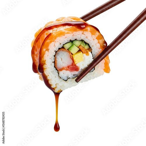 Delicious sushi roll with fresh ingredients, dripping soy sauce, held by chopsticks, isolated on transparent background