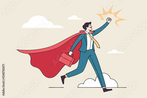 Superhero businessman with superpower to win business success, strength or power to control and finish work, confidence great responsibility, courage or strong positive attitude with fearless mindset.