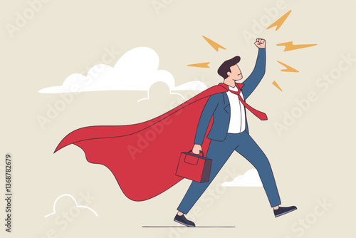 Superhero businessman with superpower to win business success, strength or power to control and finish work, confidence great responsibility, courage or strong positive attitude with fearless mindset.