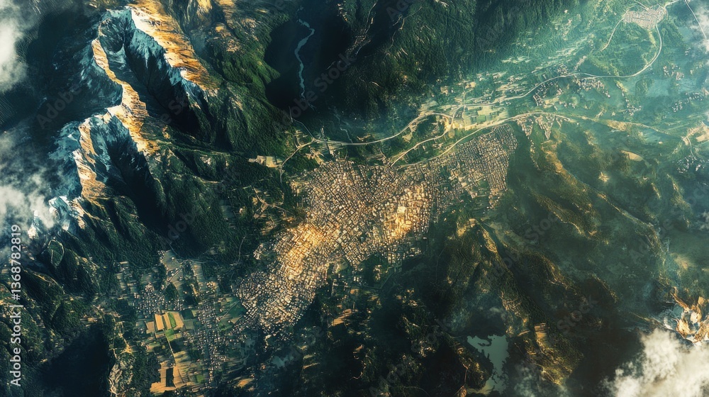 Aerial view of a valley city nestled amid majestic mountains landscape Aerial view of a valley city nestled amid majestic mountains landscape